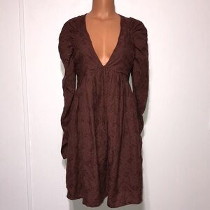 ASOS Eyelet Puff Sleeve Deep V Cut Mini Dress Brown Size 6